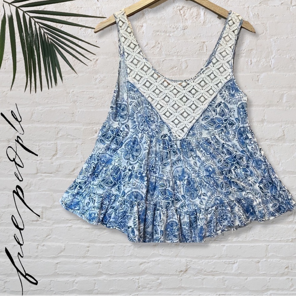 Free People Boho Blue Floral Tunic with crochet trim -  Size Medium - Picture 6 of 12